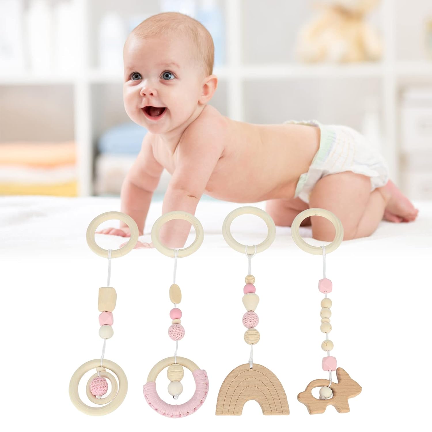 Juguetes colgantes de madera, haya, 4 piezas de cochecito, juguetes colgantes para bebé, gimnasio, juguetes colgantes de madera para niños pequeños