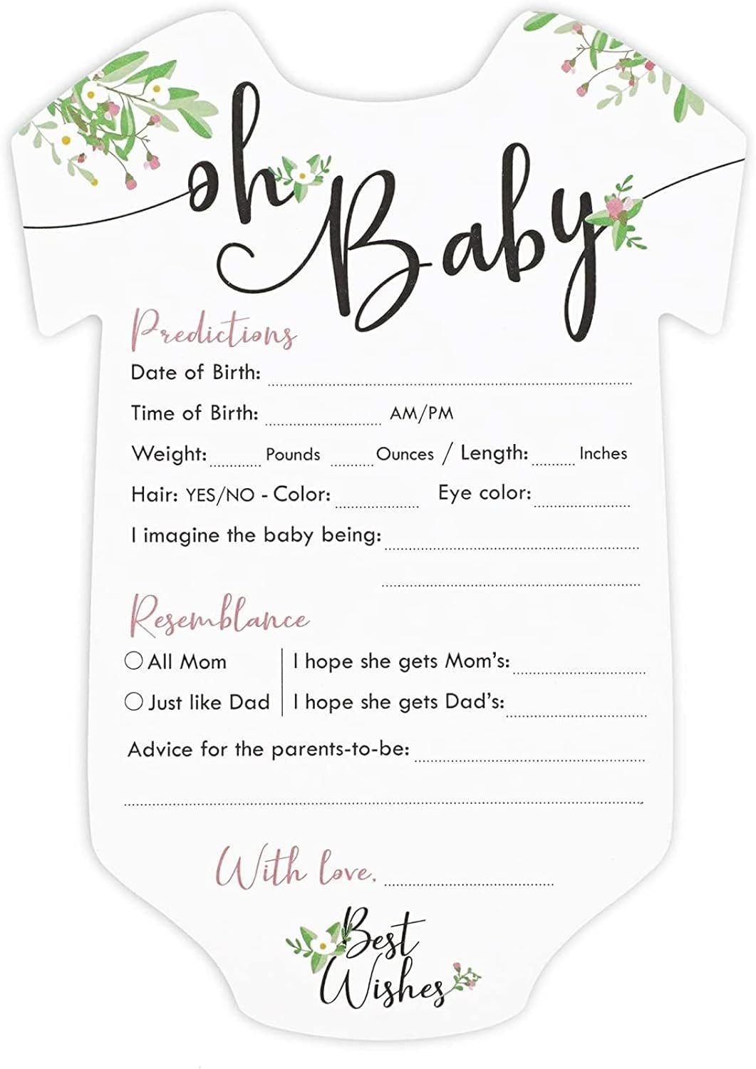 Paquete de 50 tarjetas de predicción y consejos para baby shower para niñas, juegos de fiesta temática floral (5 x 7 pulgadas)