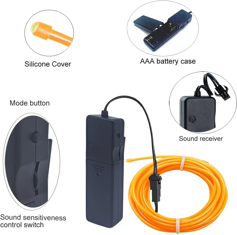 MaxLax Cable EL, color amarillo, luz activada por sonido, luz constante, flash lento, 9 pies, luces de neón, alambre electroluminiscente brillante