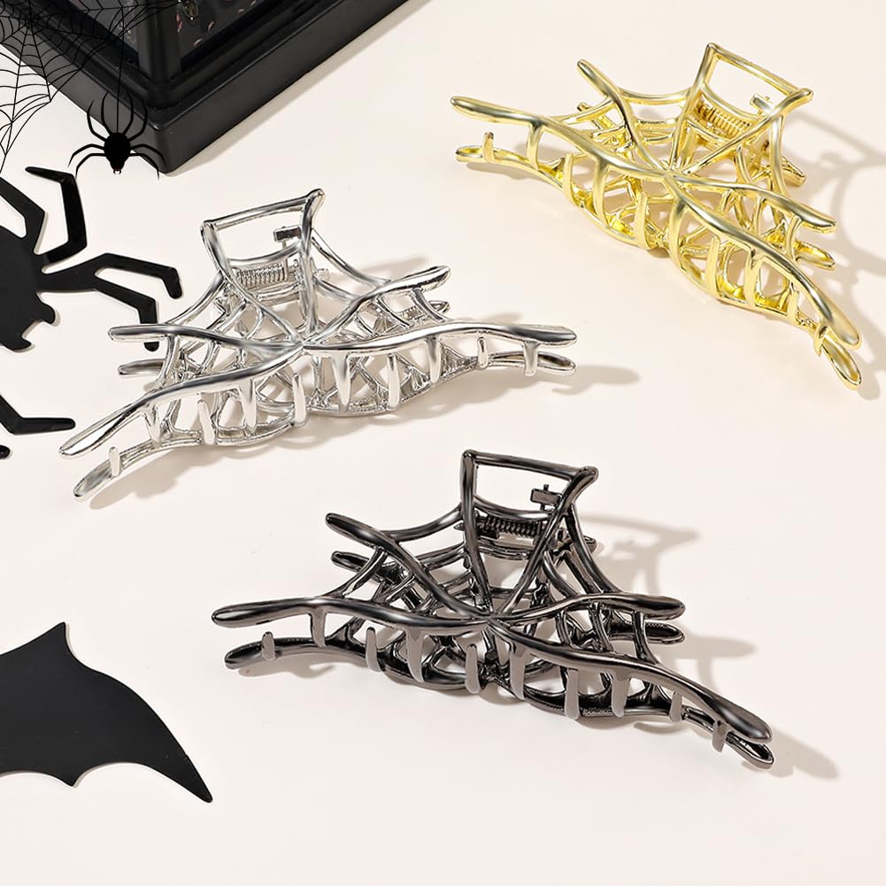 Paquete de 3 pinzas para el cabello de telaraña para Halloween, clips de metal grandes para mandíbula retro, tema de telaraña retro, accesorios de
