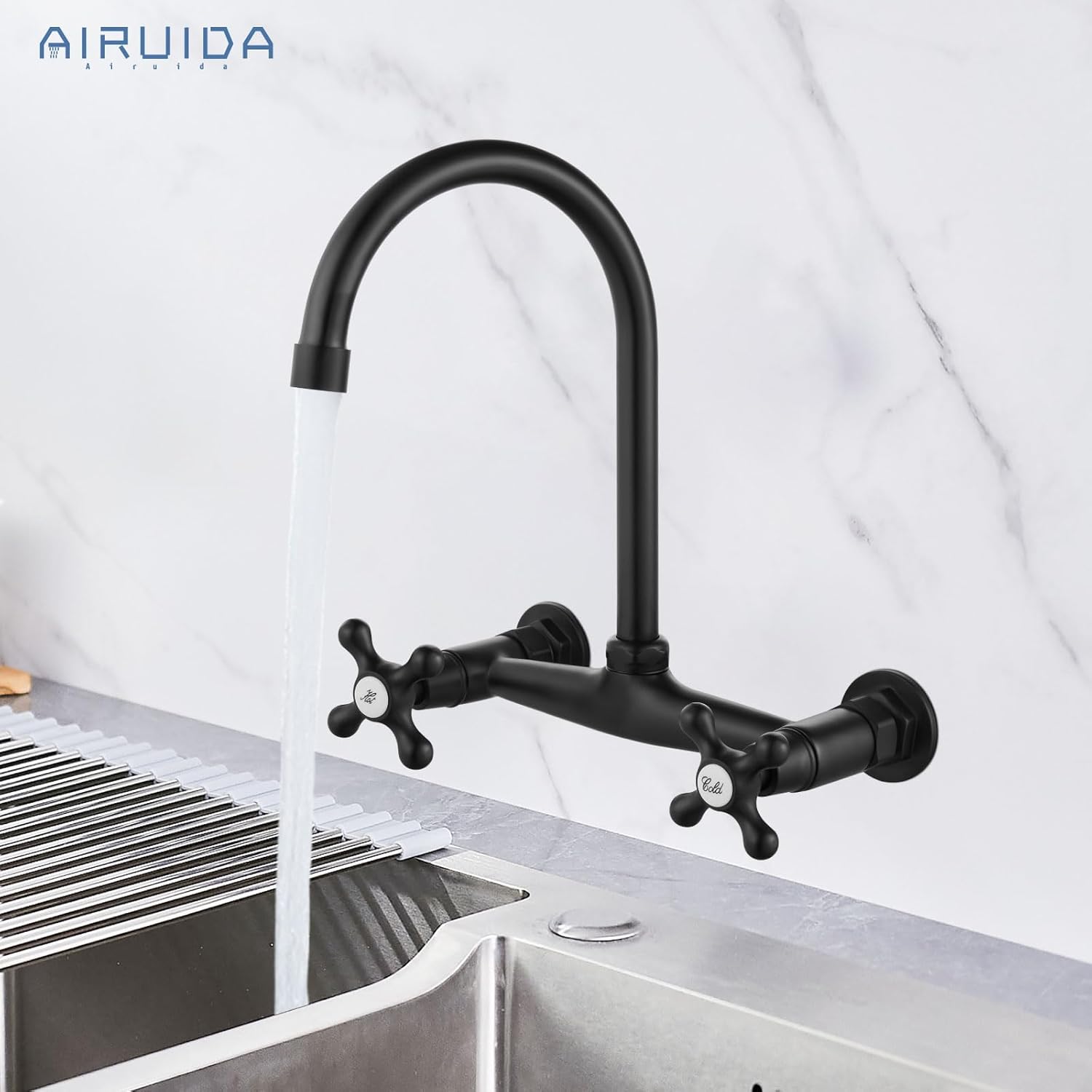 Airuida Grifo de latón negro mate de montaje en pared con doble mango y adaptador ajustable
