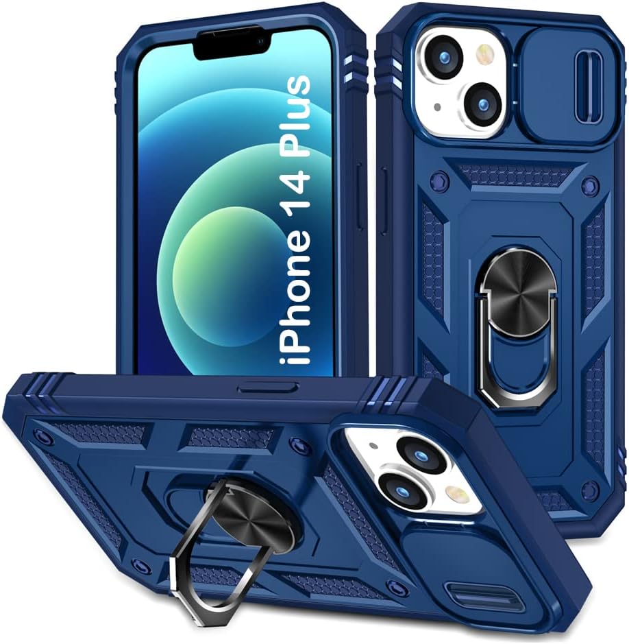 PASNEW Funda para iPhone 14 Plus, soporte de 360 y cubierta deslizante de cámara, resistente militar, cuerpo completo, a prueba de golpes, carcasa
