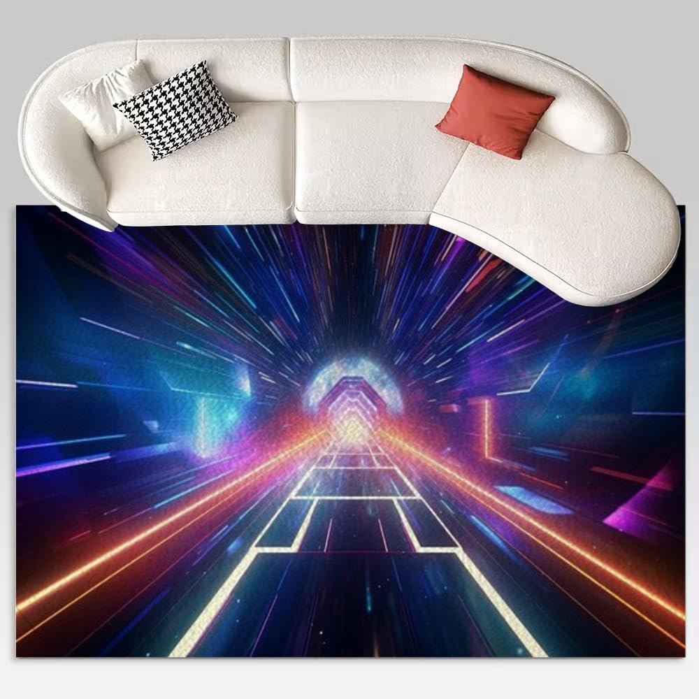 neon hyperjump Tunnel Cyber Blank Glowing 3D Road Laser Code and line Rug 5×7 Rug Area Rugs for Living Room Bedroom Aesthetic Dining Room Machine