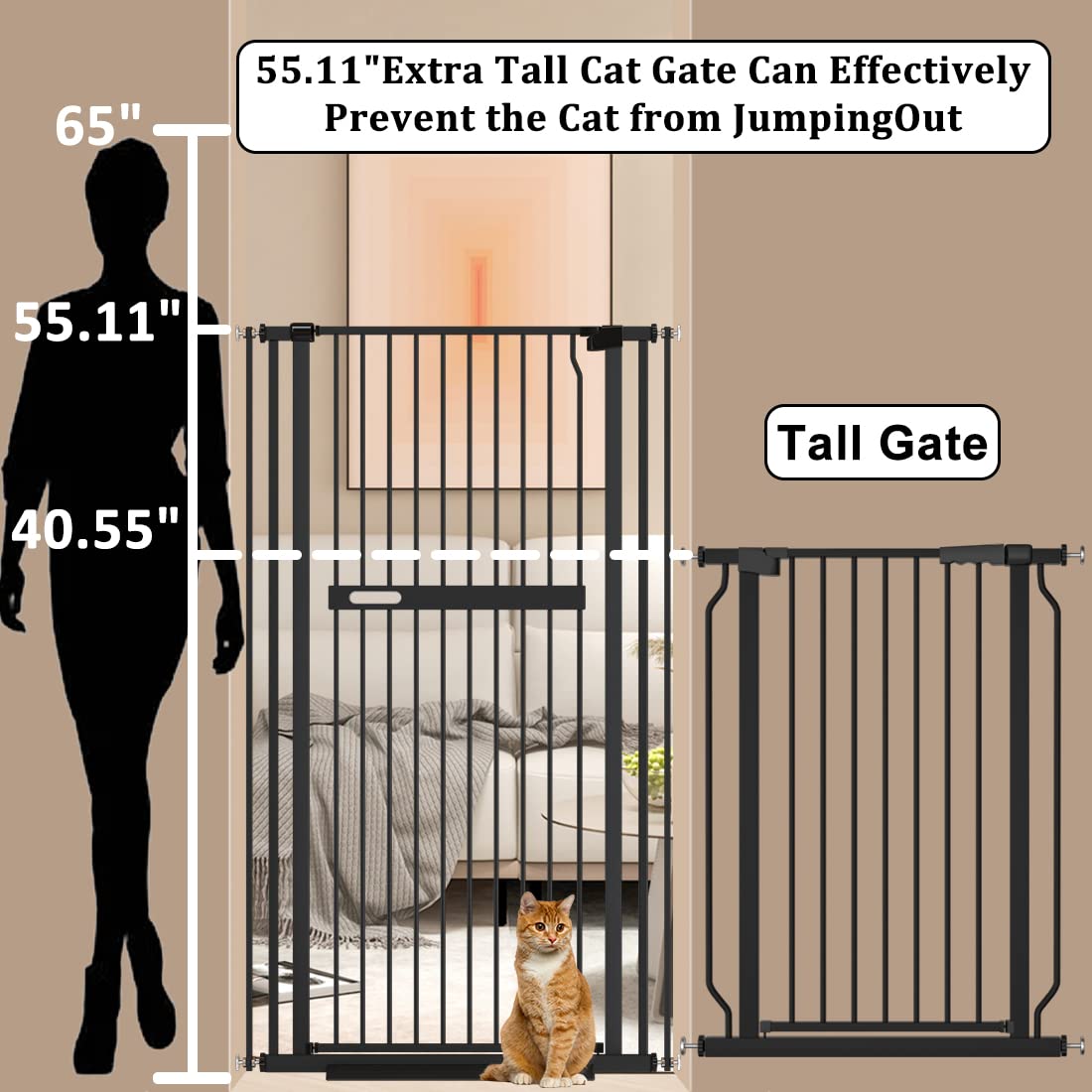 WAOWAO Puerta extra alta de 55.11 pulgadas para gatos y mascotas, 33.07-36.22 pulgadas de ancho, con cierre automático, seguridad de metal negro,