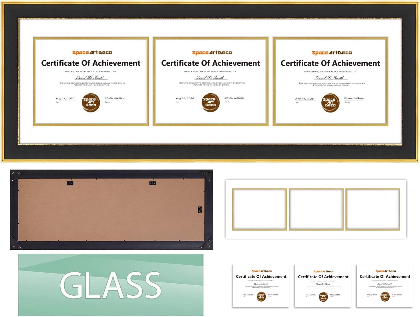 Space Art Deco, Marco de tres certificados de 12 x 37 pulgadas con paspartú doble blanco sobre dorado para (3) diplomasgrados de 8.5 x 11 pulgadas,