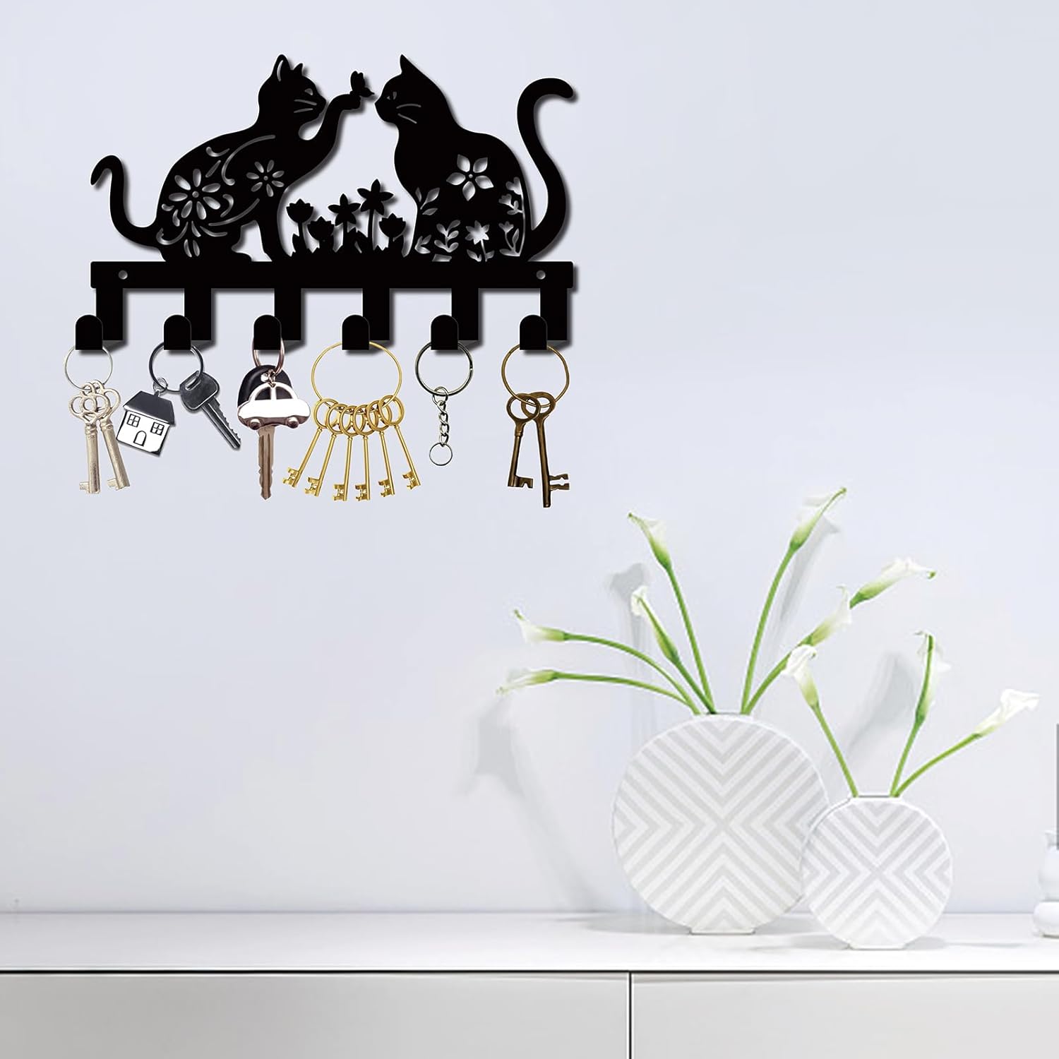 CREATCABIN Soporte de metal para llaves de gato para colgar en la pared, soporte para llaves de hierro con 6 ganchos, organizador colgante de llaves