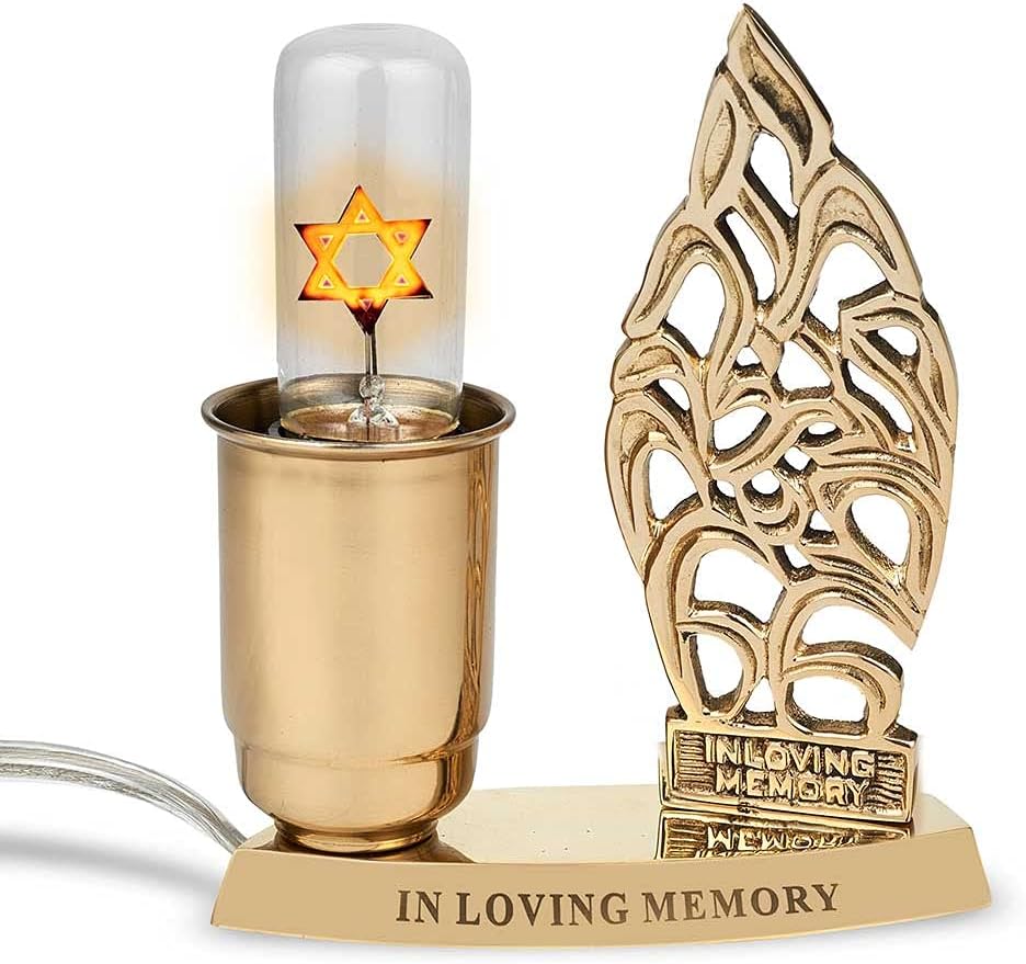Zion Judaica – Lámpara eléctrica Yahrtzeit de latón grabada en memoria amorosa, lámpara conmemorativa judía electrónica con bombilla parpadeante de
