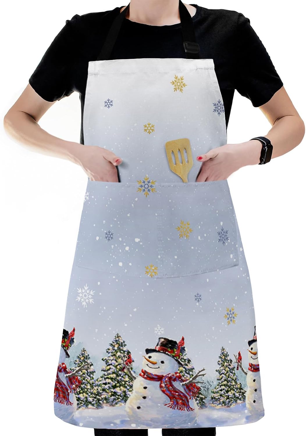 Chef Apron Adjustable Bib Aprons, Christmas Snowman Apron with Pockets Men Women Kitchen Cooking Waterproof Apron