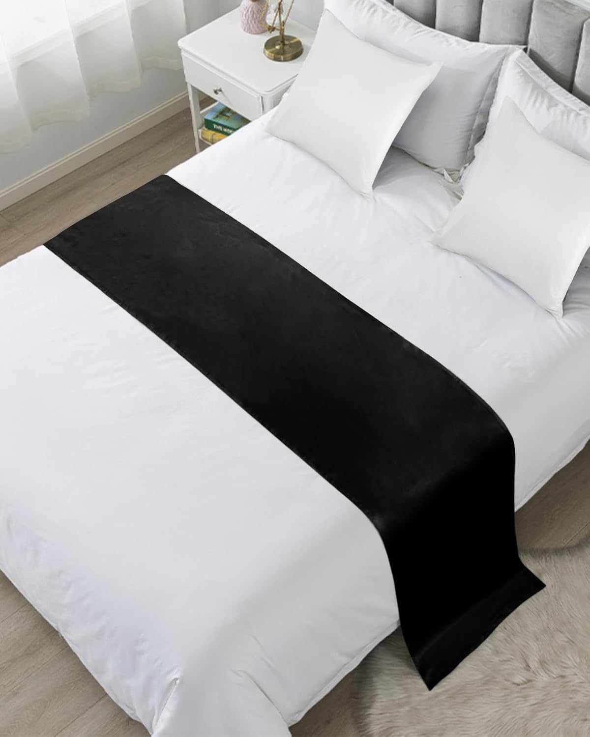 Bufanda negra para camino de cama, tamaño Cal King, manta de lujo para cama individual, matrimonial, queen, king, pie de cama, decoración de