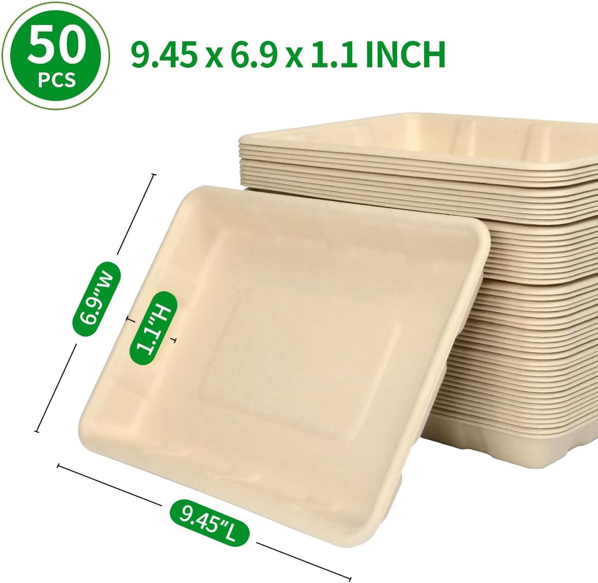 Paquete de 50 platos de papel rectangulares de 9 x 7 pulgadas de profundidad, platos de pulpa de bambú compostables para tacos, perritos calientes,