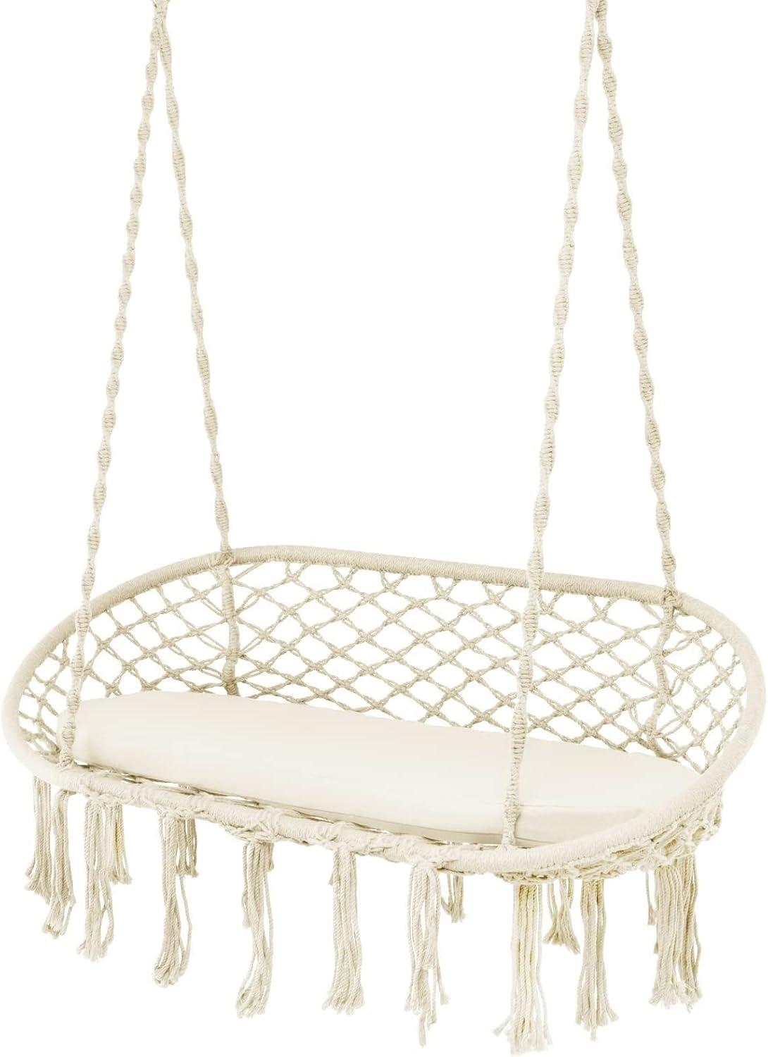 HAPPYGRILL Hamaca colgante para 2 personas con cojín, silla columpio colgante, estilo platillo, silla columpio de macramé, silla columpio de