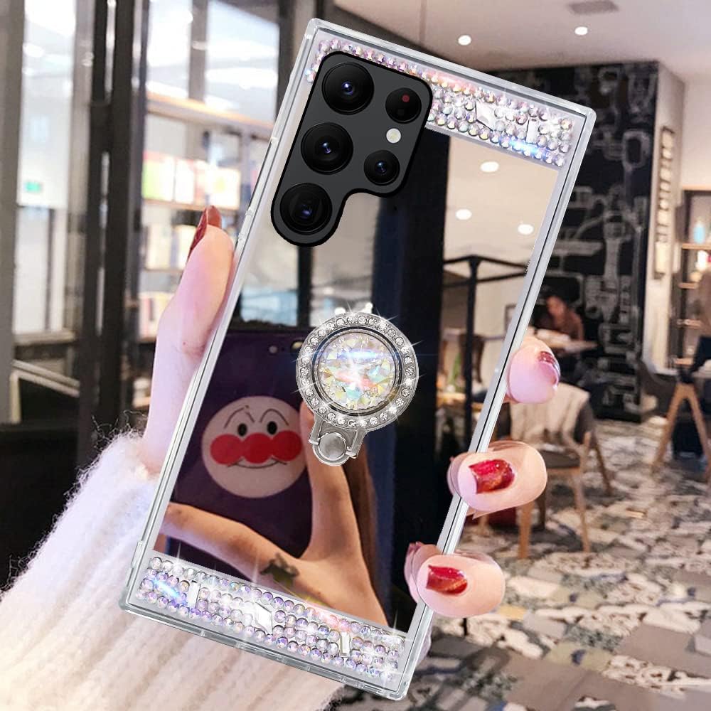 LUVI Compatible con Galaxy S22 Ultra – Funda de espejo de maquillaje con diamantes de imitación con soporte de anillo, soporte de soporte, linda