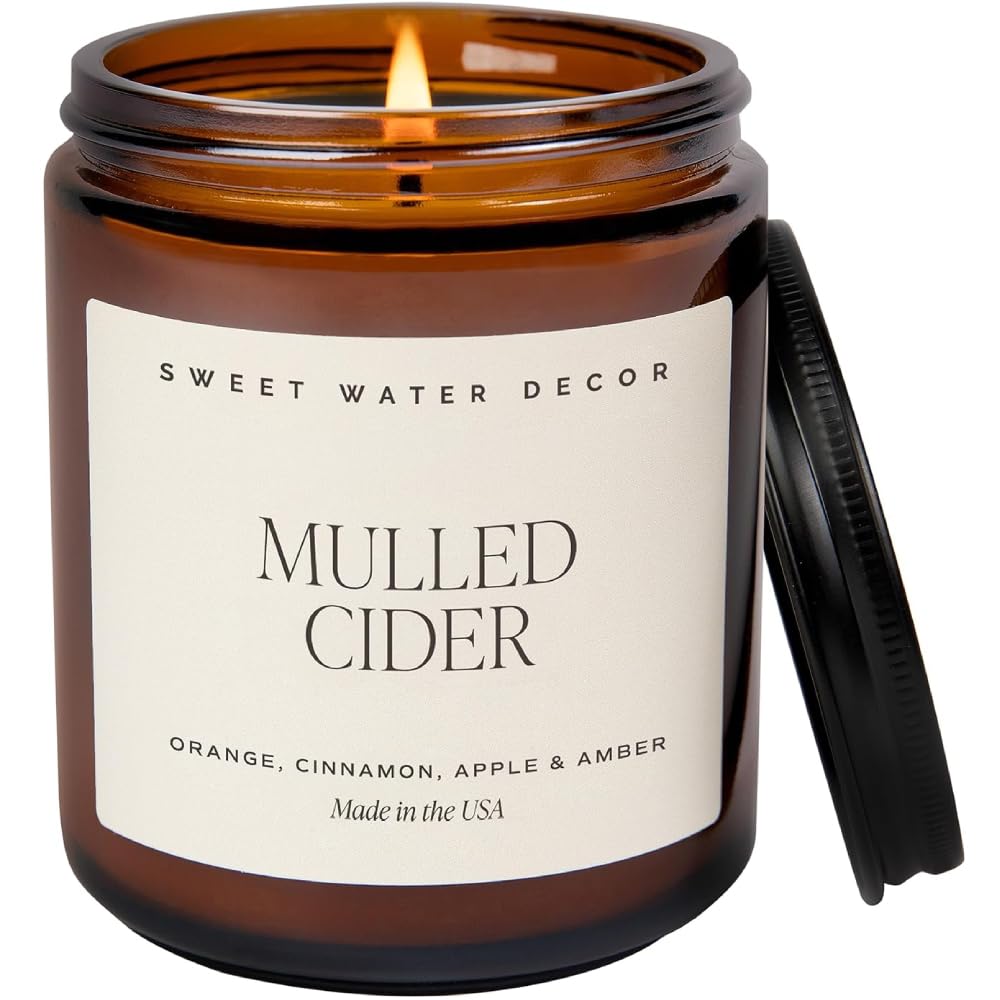 Sweet Water Decor Mulled Cider Soy Candle  Apple, Orange, Cinnamon, Cranberry, and Cedar Scented Candles for Home  9oz Amber Jar + Black Lid, 40+