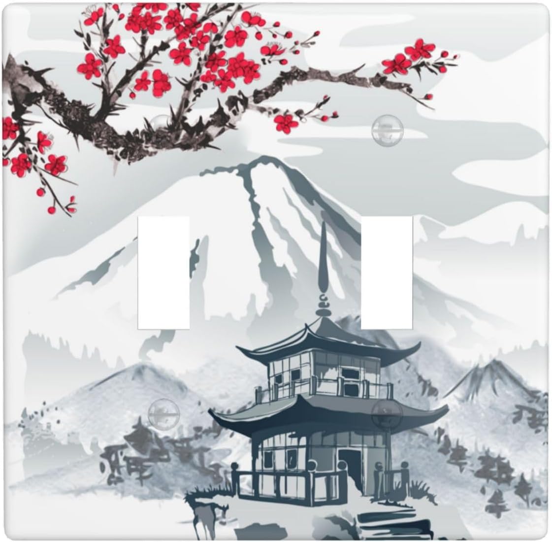 Placa de pared para interruptor de luz de palanca, torre de montaña con diseño de cerezo japonés, cubierta de doble interruptor, tamaño de 2 bandas,