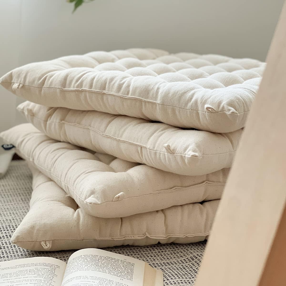 Lemfux Cojín de asiento blanco natural de tela reciclada para silla de oficinaescritorio, suave y grueso material sostenible, cojín cuadrado simple
