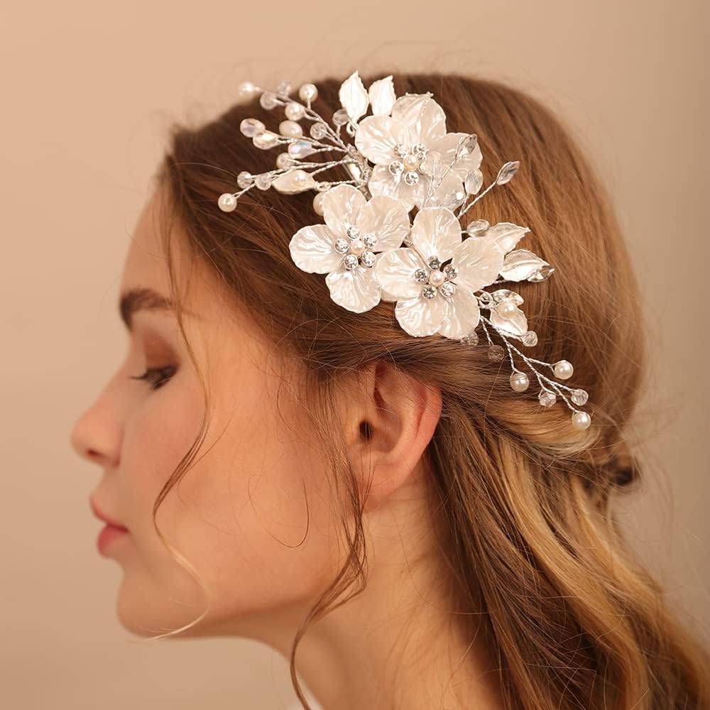 Jumwrit Pinza para el pelo nupcial con diamantes de imitación, pinza de pelo de flor blanca para novias, damas de honor, tocado de perlas hechas a