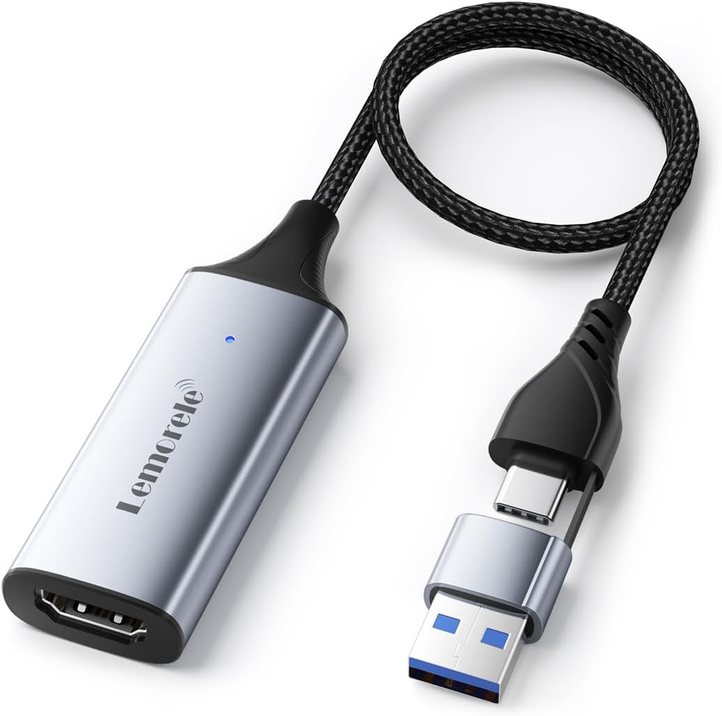 Lemorele Tarjeta de captura de video USB 3.0 a HDMI 4K 1080P 60Hz, tarjeta de captura HDMI con adaptador USB A para ajustar, para juegos,