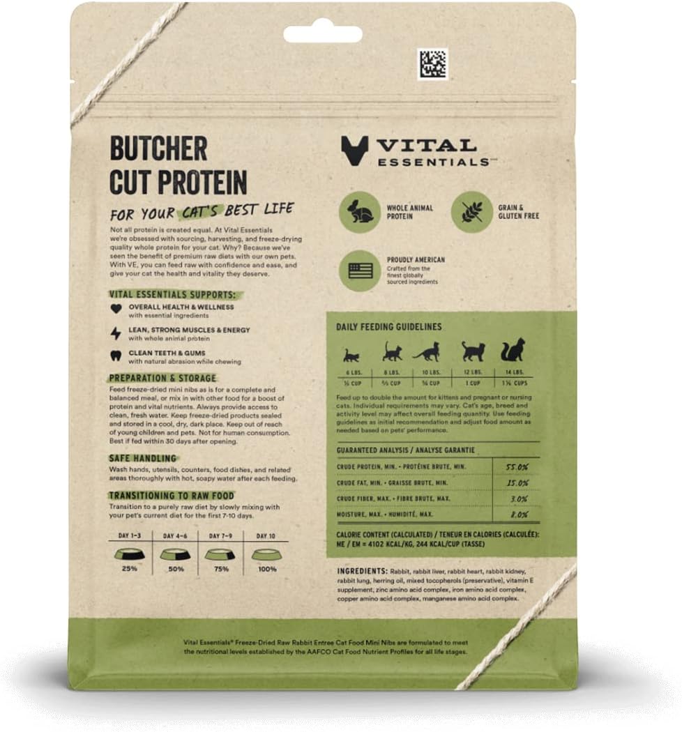 Vital Essentials Alimento crudo liofilizado para gatos, mini puntas de conejo, 8 onzas
