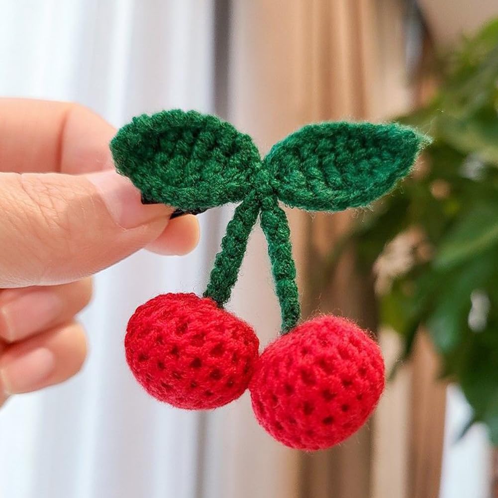 2Pcs Girls Hair Clips, Handmade Crochet Sweet Cherry Shape Hair Barrettes, Manual Knitted Cute HairPins Alligator Clip Hand-Woven Creative Hair