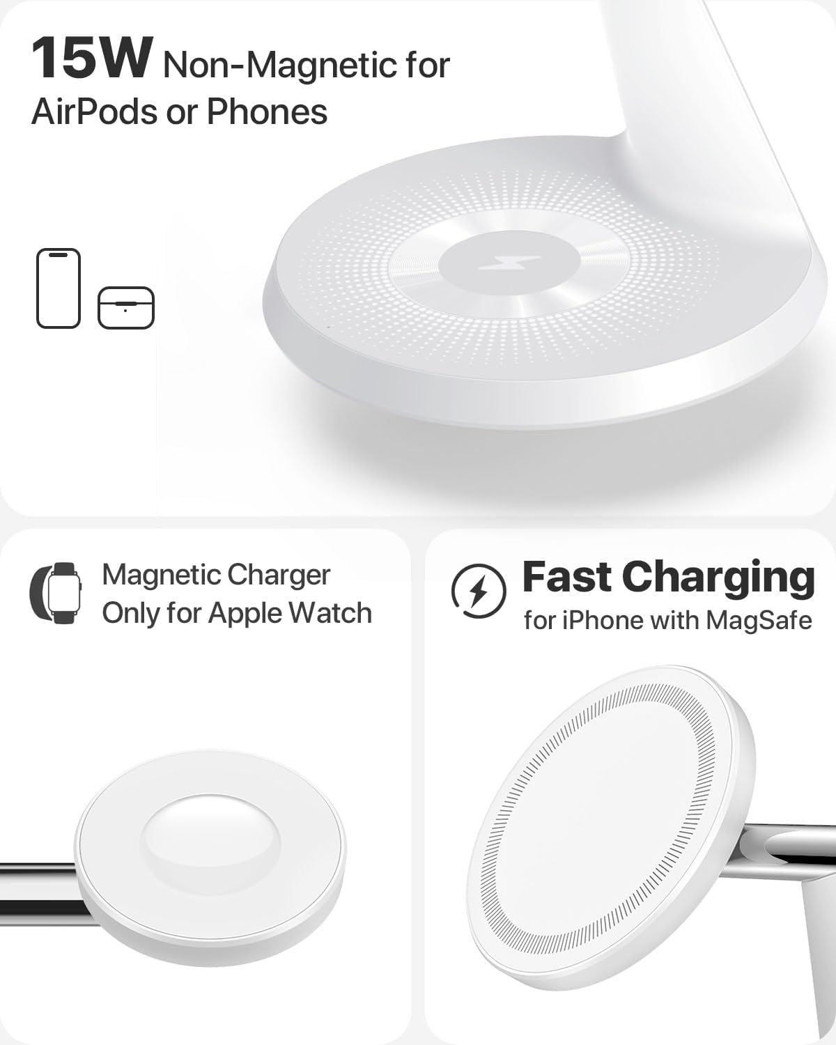 QTlier Cargador 3 en 1 para MagSafe, estación de carga inalámbrica para Apple, compatible con cargador MagSafe para iPhone 15, 14, 13, 12, AirPods