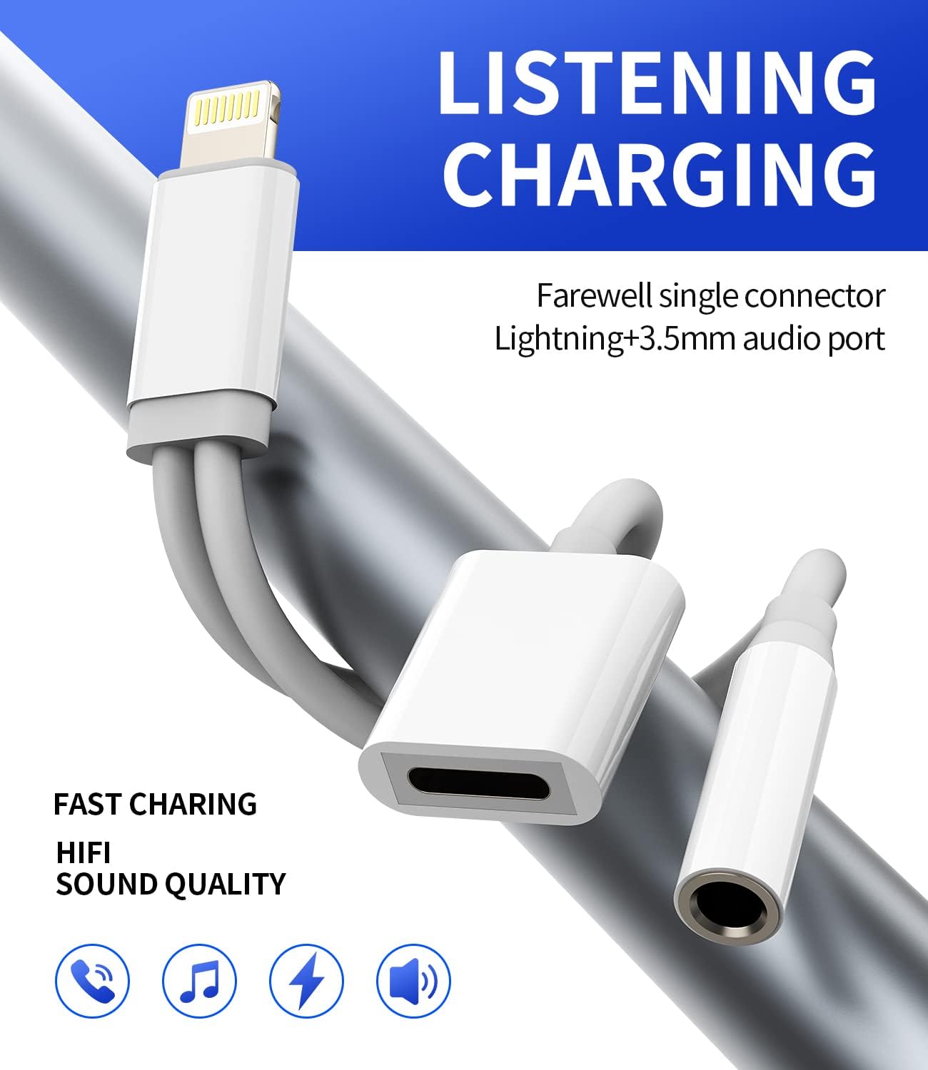 Adaptador auxiliar para iPhone para conector de auriculares, dongle 2 en 1 Lightning a 0.138in, cable de carga divisor Apple MFI certificado para