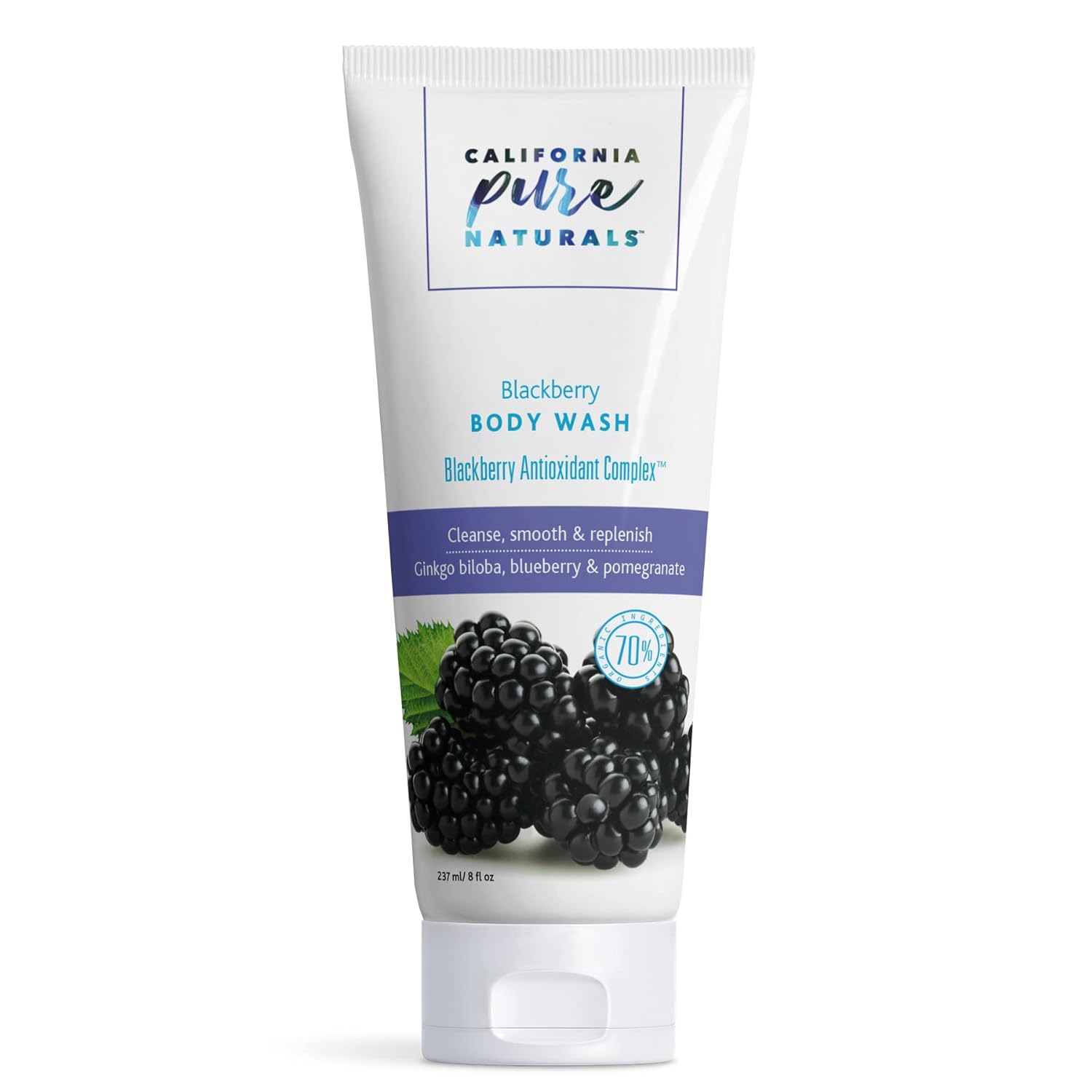 California Pure Naturals Gel de baño. Limpiador diario suave con mora, ginkgo biloba y aloe vera. Vegano y libre de sulfatos, gluten, ftalatos y