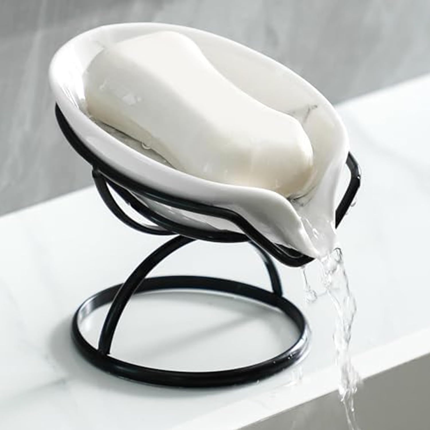 Dobbyby Jabonera en forma de hoja, soporte de barra de jabón de cerámica de alta calidad con sistema de autodrenaje, soporte para jabón de barra