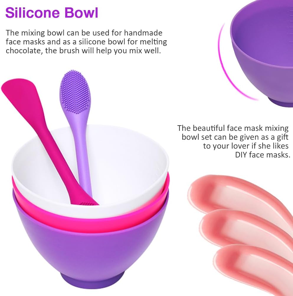 Juego de 5 cuencos de silicona, 3 tazones de mezcla de 0.49 cuartos de galón y 2 cepillos de silicona para mascarilla, cuencos de silicona para