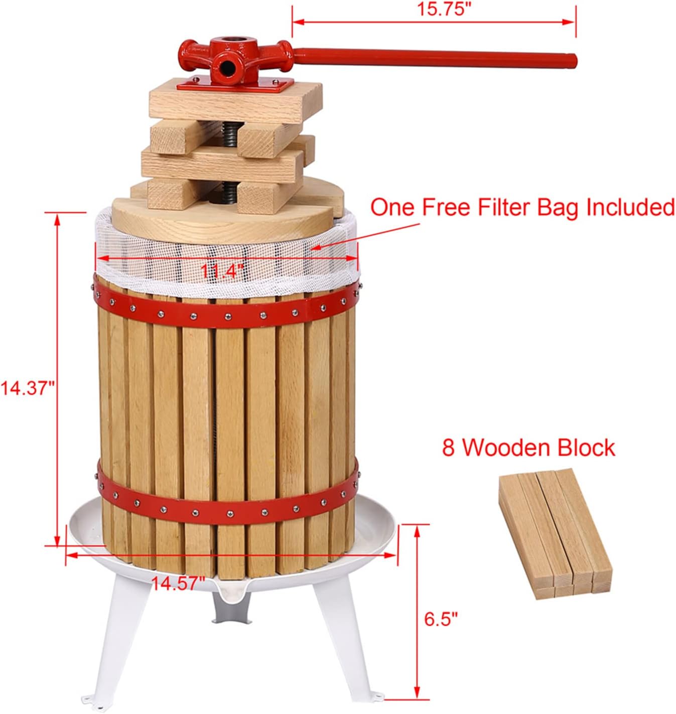 Prensa de vino de frutas de 4.8 galones18 litros, prensa manual de uva de hierro fundido para elaboración de vino, cesta de madera 100% natural con
