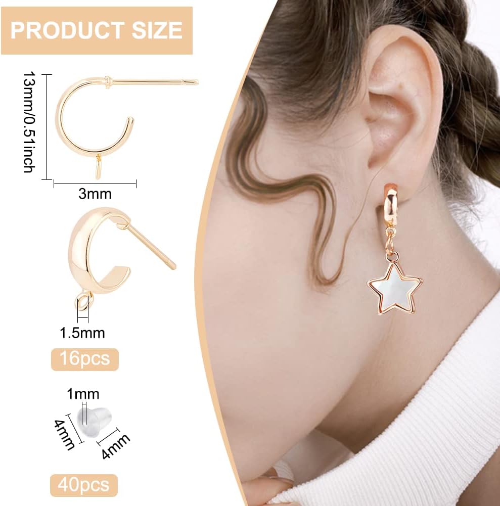BENECREAT 16 piezas de aretes chapados en oro de 18 quilates, gancho de latón con bucles verticales, 40 tuercas de plástico para joyería de madre,