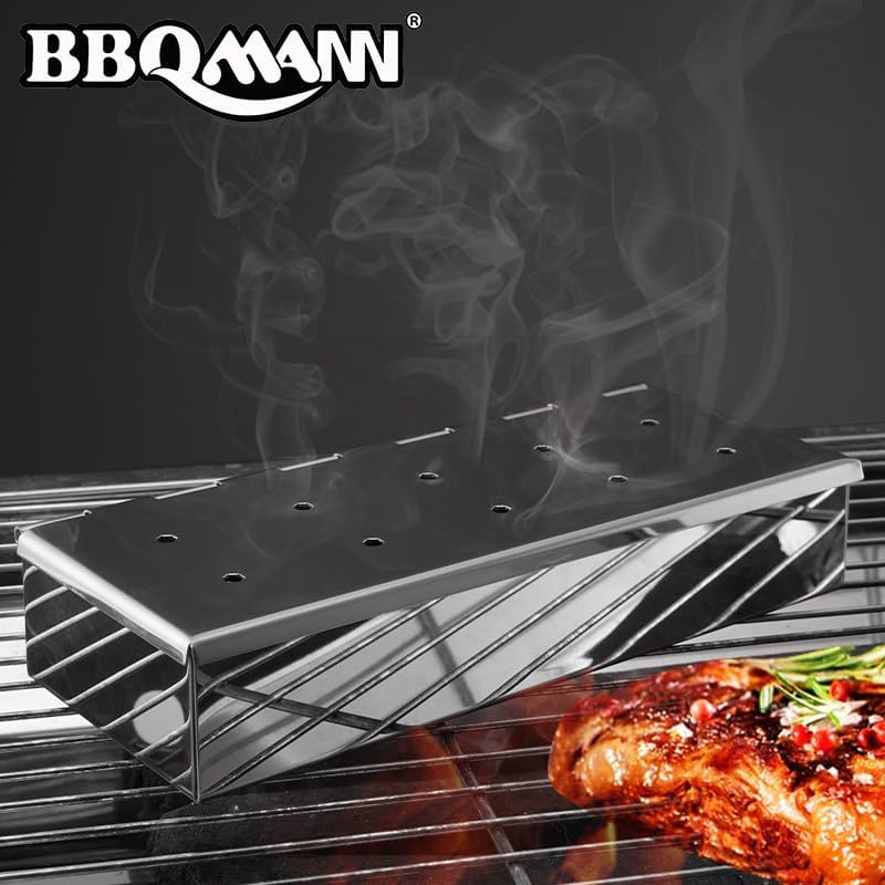 Caja ahumadora de 9 pulgadas para parrilla de gas o carbón, caja de virutas de madera de acero inoxidable con tapa con bisagras, añade un delicioso