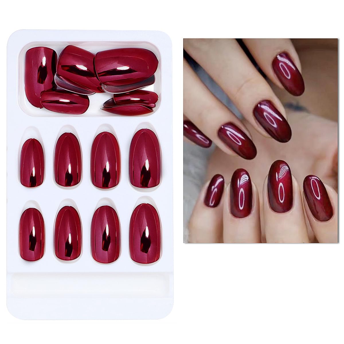 Uñas postizas a presión medianas ovaladas, uñas postizas acrílicas de almendra, uñas postizas color rojo vino con diseños de efecto espejo mágico