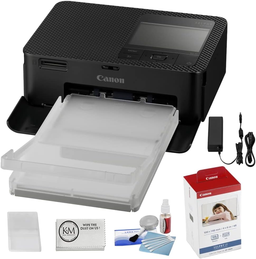 Canon SELPHY CP1500 – Impresora fotográfica compacta (negro) Paquete KP-108IN de tinta y papel de color + kit de limpieza de 5 piezas + paño de