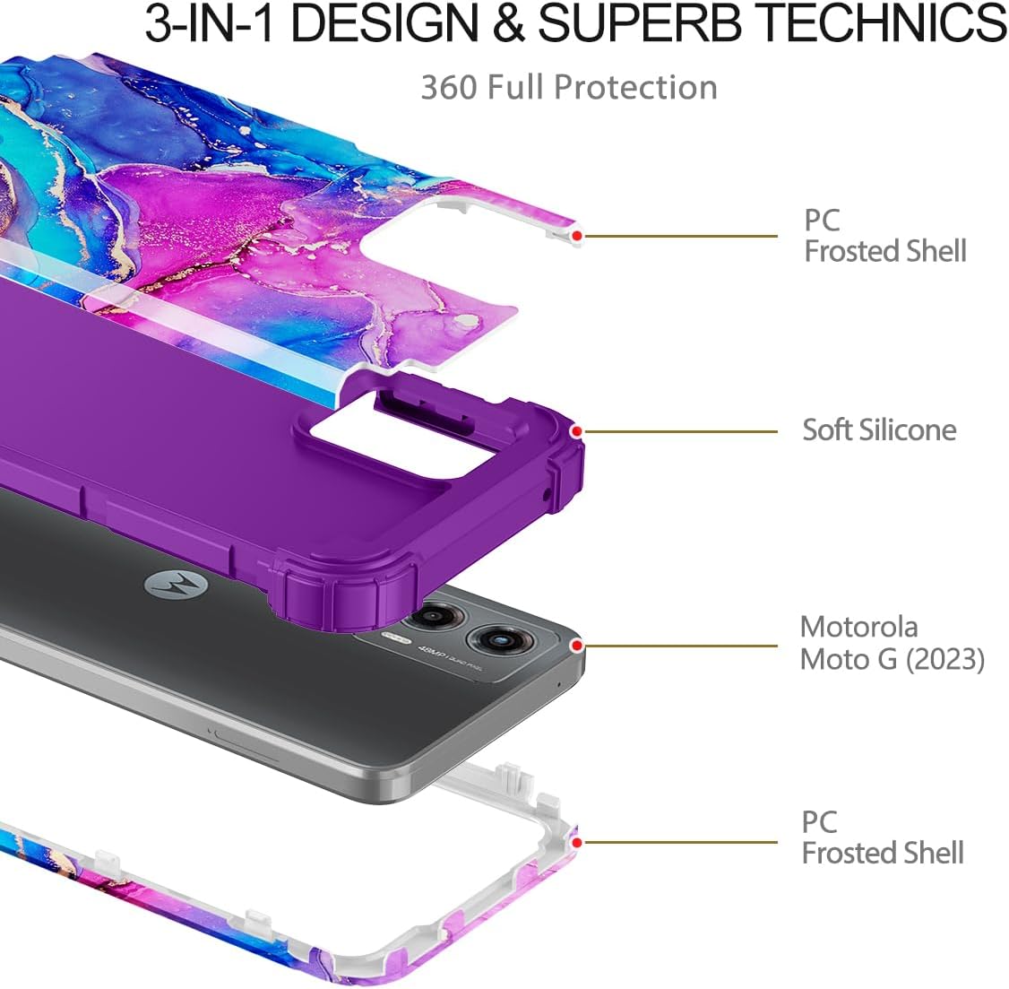 Hekodonk Funda para Moto G 5G 2023, resistente a los golpes, plástico duro+goma de silicona híbrida 3 en 1, carcasa protectora de cuerpo completo