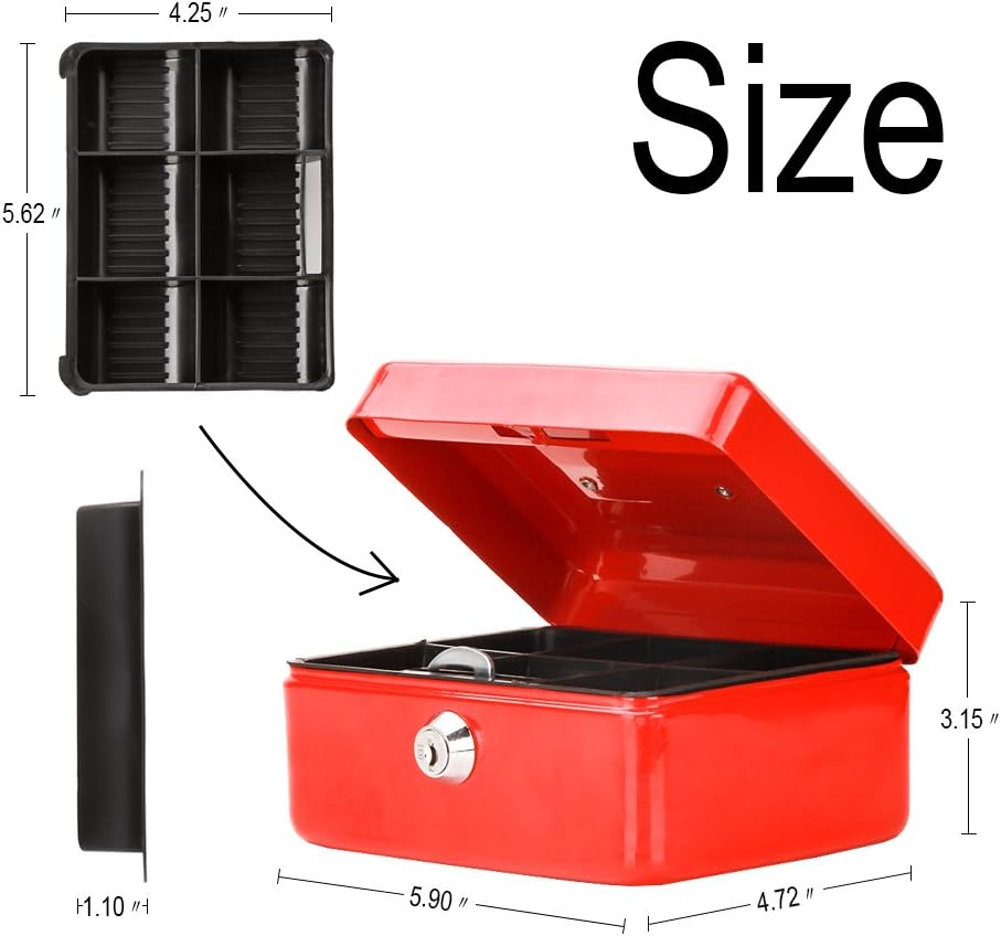 Decaller – Caja de efectivo pequeña con cerradura de llave, portátil de metal con doble capa y 2 llaves para seguridad, rojo, 15,7 x 12,7 x 7,62 cm,