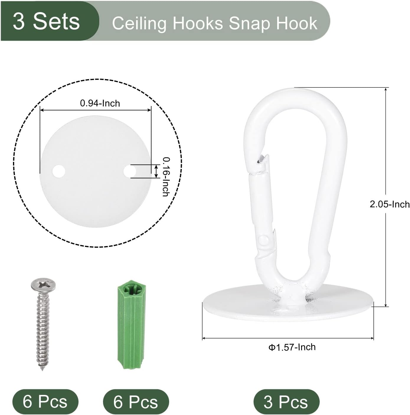 YOKIVE 3 ganchos para colgar en el techo, gancho a presión con placa redonda para colgar plantas, ideal para oficina, hogar, uso diario (blanco, 1.6