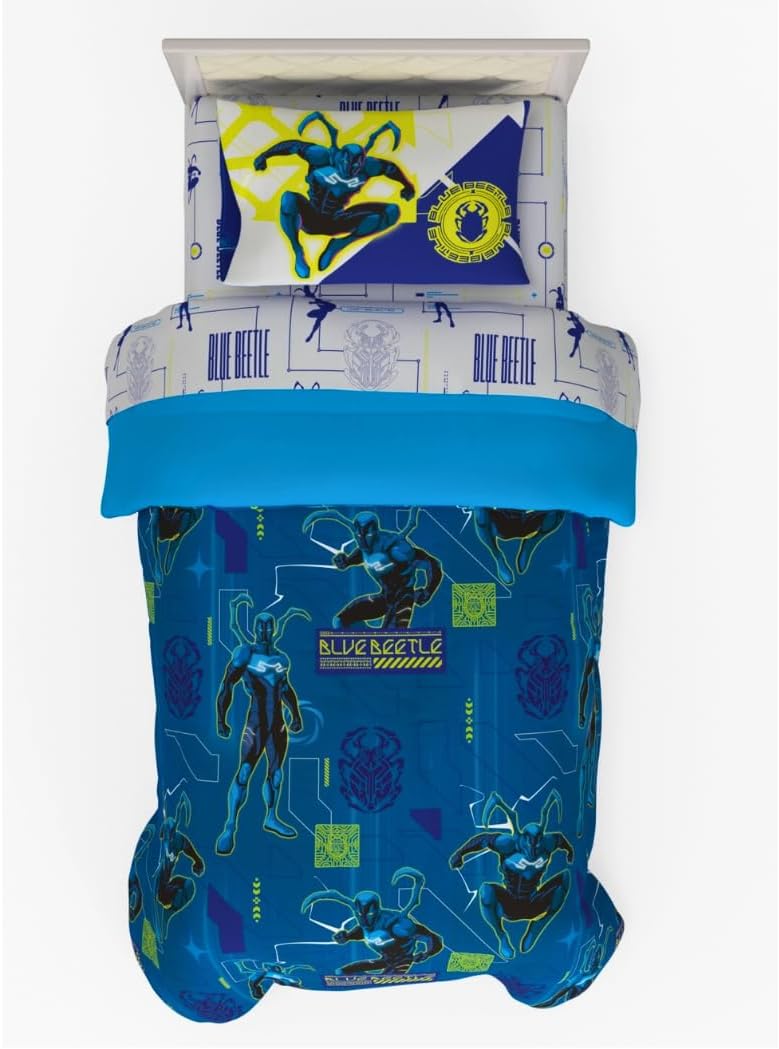 Franco WB Blue Beetle – Juego de sábanas y edredón súper suaves para niños, 4 piezas, tamaño individual, (producto oficial con licencia)