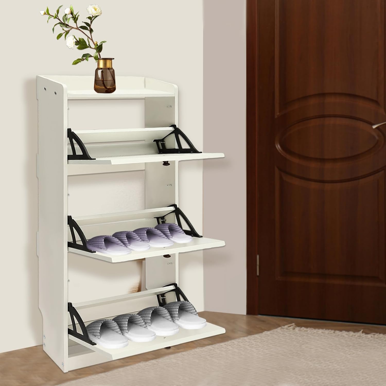 Zapatero moderno de 3 niveles blanco organizador de almacenamiento de pie, organizador de zapatos ajustable estante independiente con 3 puertas