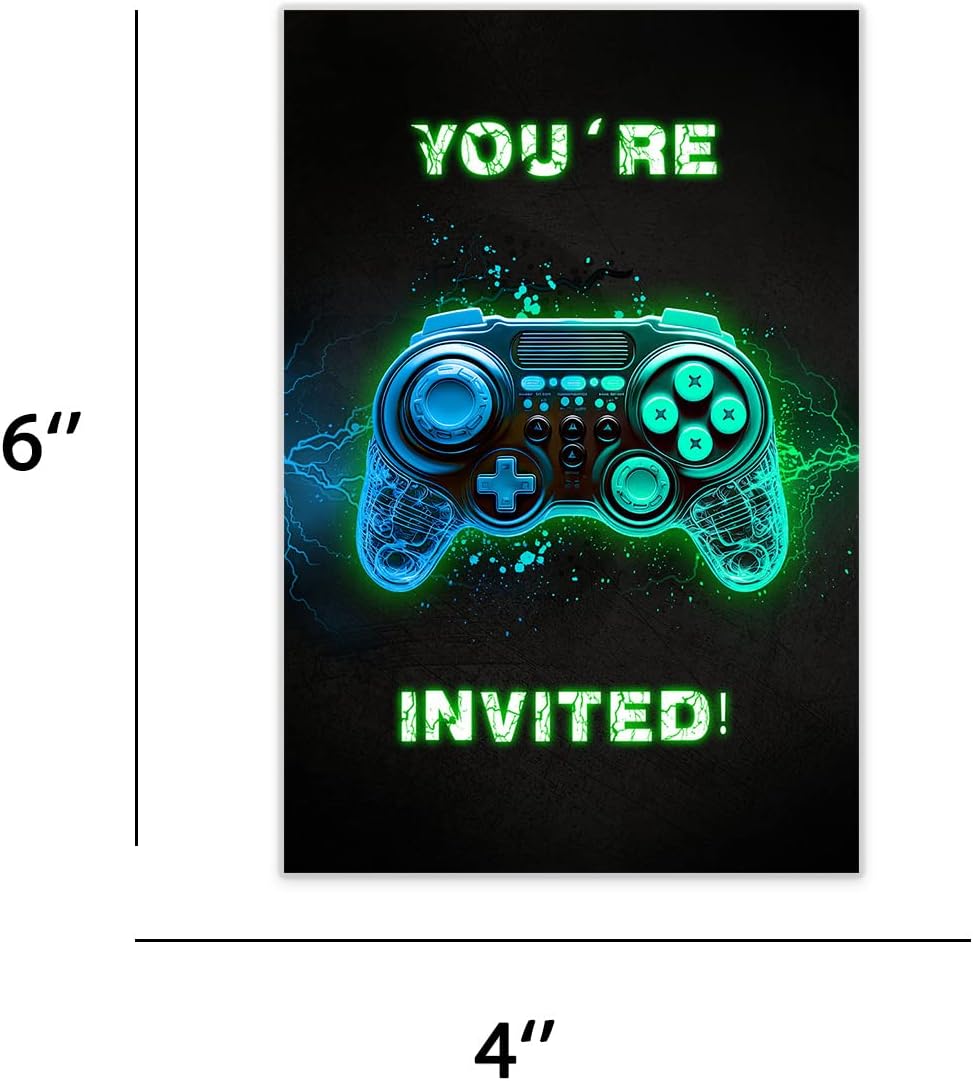 Invitación de fiesta de cumpleaños de videojuegos, invitación de cumpleaños para niños y niñas, invitación verde y azul brillante, juegos, fiesta de