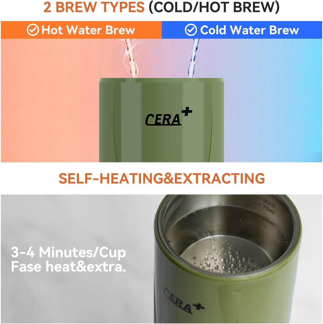 CERA+ Máquina de café espresso portátil, cafetera eléctrica autocalentable, presión de 20 bares compatible con cápsulas NS y café molido para