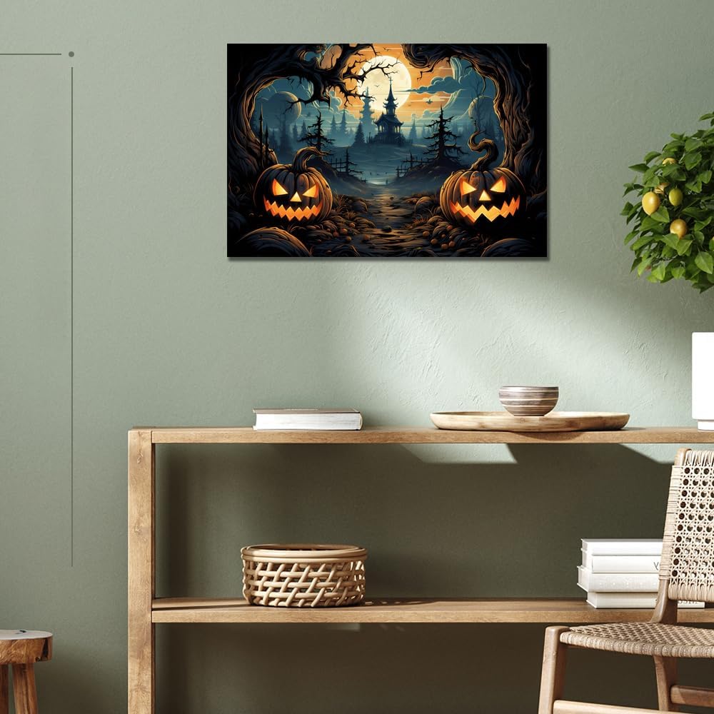 Decoración de muebles de Halloween, farol de calabaza, arte para pared, póster de terror de castillo negro con cara sonriente de calabaza, impresión