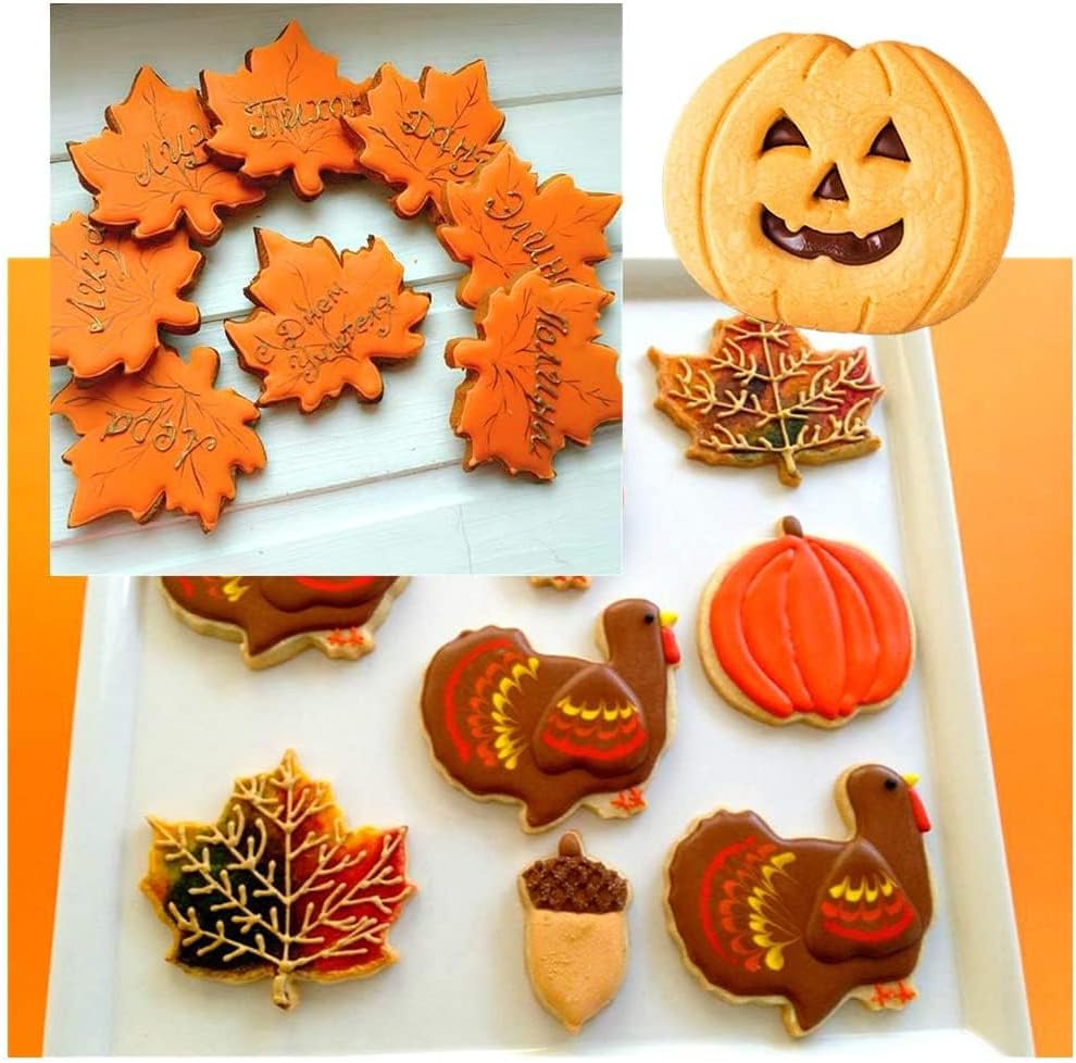 Juego de 4 cortadores de galletas grandes de otoño de Acción de Gracias con instrucciones de receta, formas navideñas de calabaza, hoja de arce,