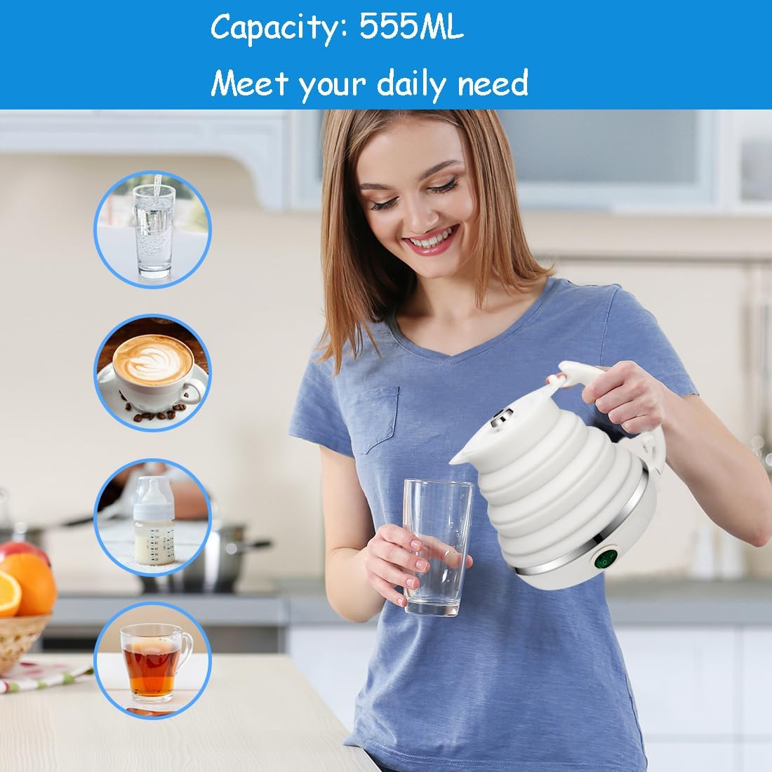 Tetera eléctrica plegable de silicona de grado alimenticio con doble voltaje y cable de alimentación separable 110-220V, para 20.28 onzas líquidas,