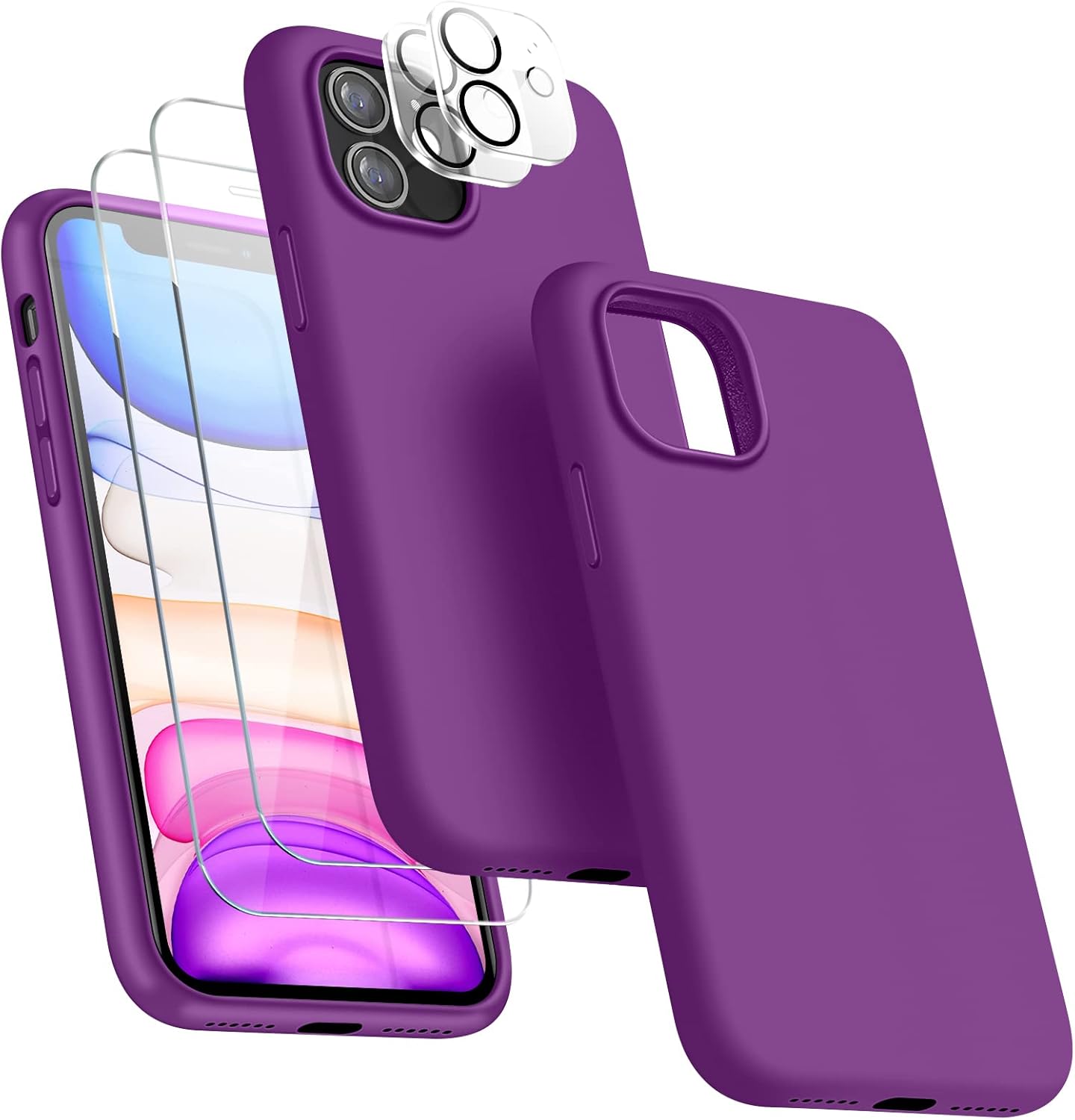 Funda 5 en 1 para iPhone 11 de 6.1 pulgadas, con 2 protectores de pantalla + 2 protectores de lente de cámara, funda protectora delgada de silicona