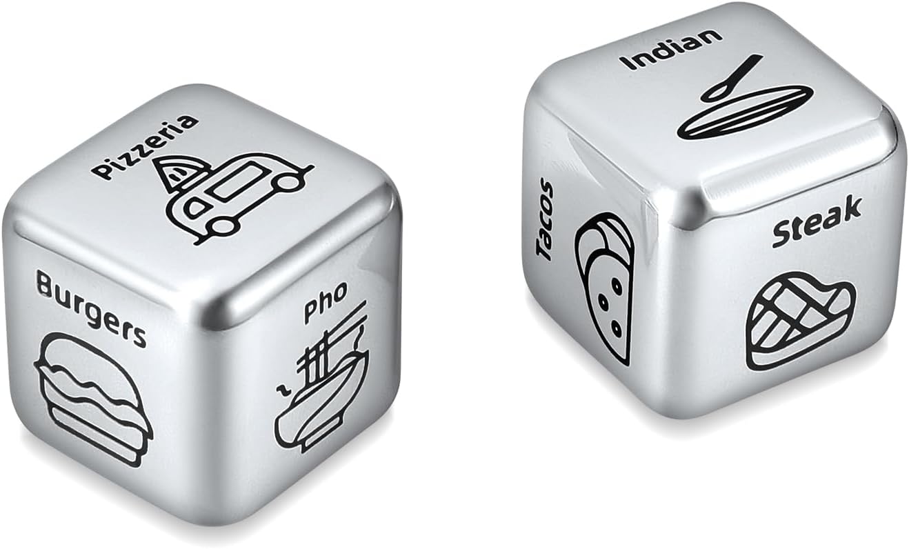 2 dados de decisión de alimentos, dados de acero de 1 x 1 x 1 pulgada, dados de metal para decidir comida para citas, citas, citas, citas, regalos