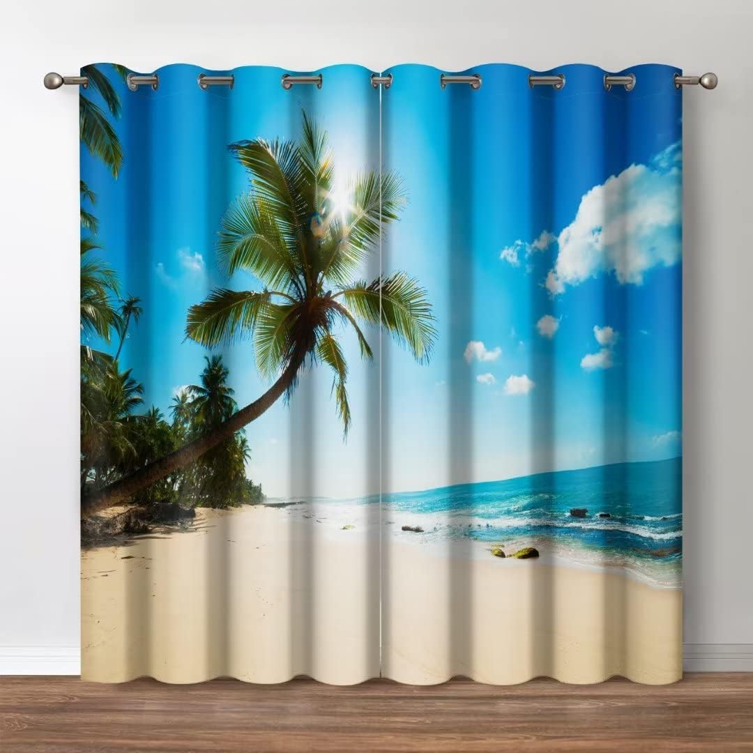 Jekeno Cortinas opacas con diseño de océano tropical, playa, Hawaii, palmera, cielo azul, mar, con ojales, para dormitorio, sala de estar, 42