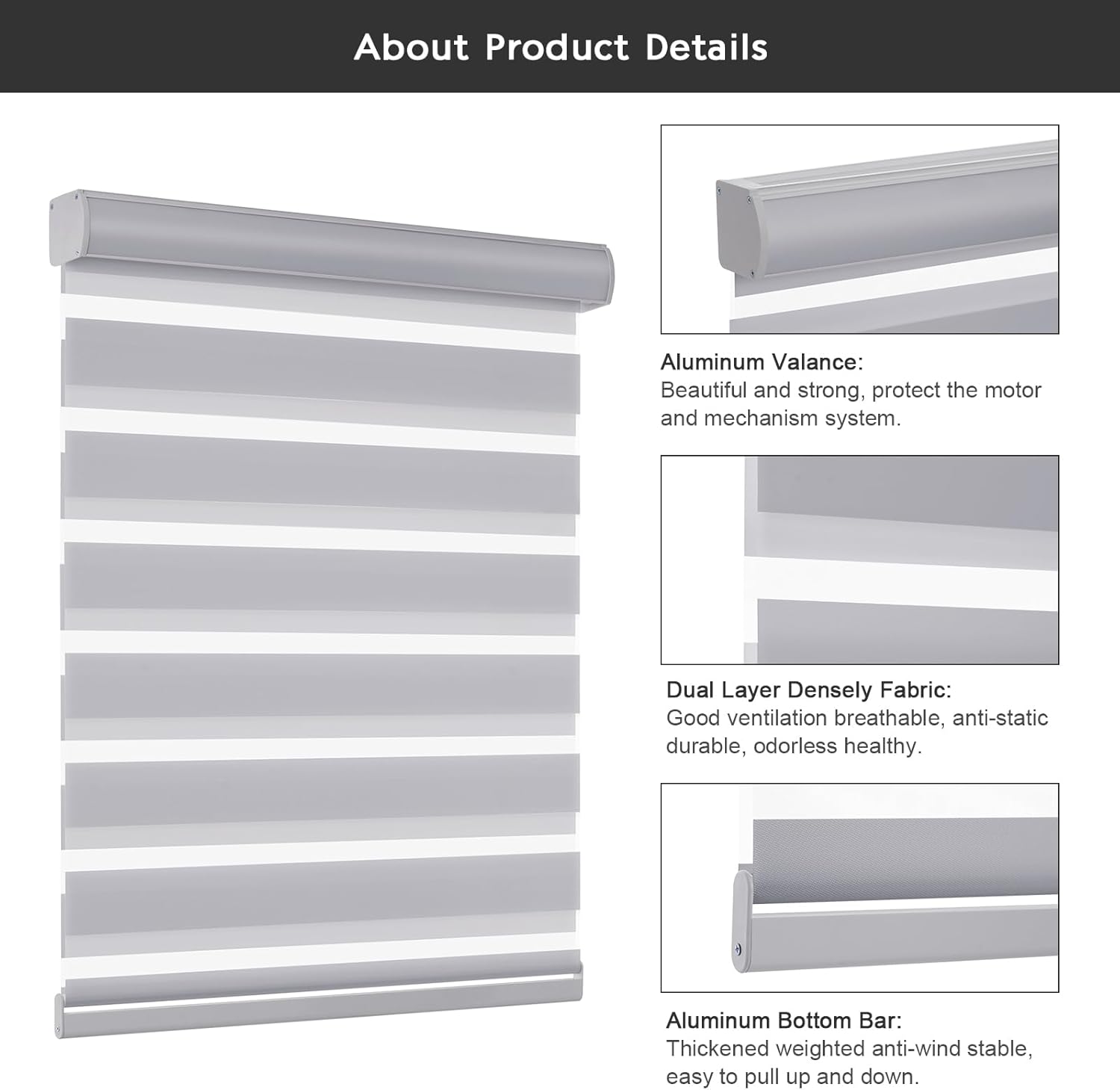 Changshade Persianas para ventanas sin cordón, con diseño de cebra, enrollables para puertas corredizas de vidrio, filtro de luz, tela de doble capa