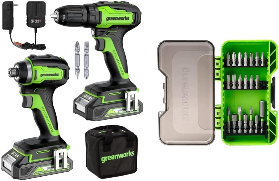 Greenworks Kit combinado de taladrodestornillador sin escobillas de 24 V + impulsor de impacto, baterías y cargador incluidos, con juego de brocas