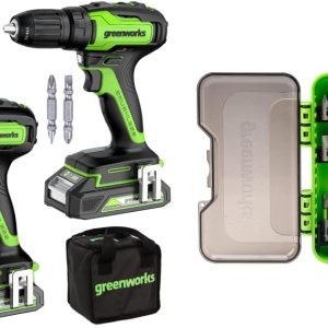 Greenworks Kit combinado de taladrodestornillador sin escobillas de 24 V + impulsor de impacto, baterías y cargador incluidos, con juego de brocas Greenworks Kit combinado de taladrodestornillador sin escobillas de 24 V + impulsor de impacto, baterías y cargador incluidos, con juego de brocas
