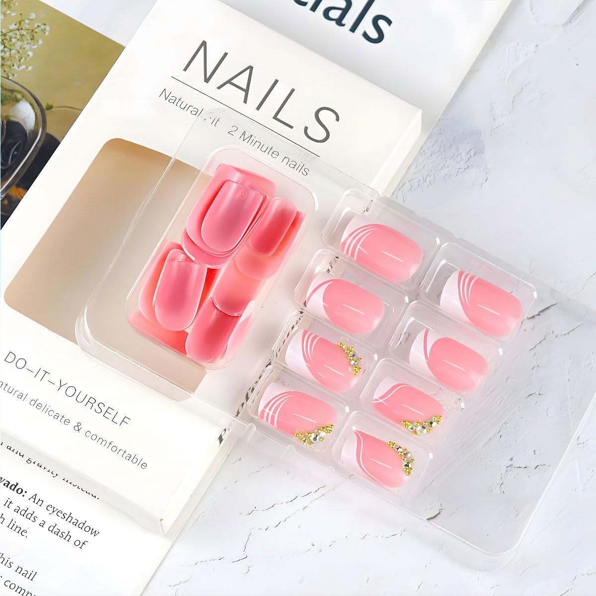 Uñas postizas cuadradas cortas a presión, 24 piezas de uñas postizas blancas francesas con diamantes de imitación, juego de herramientas adhesivas